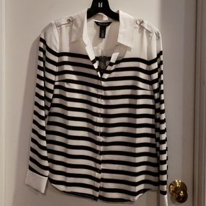 Black white &gold striped silk blouse